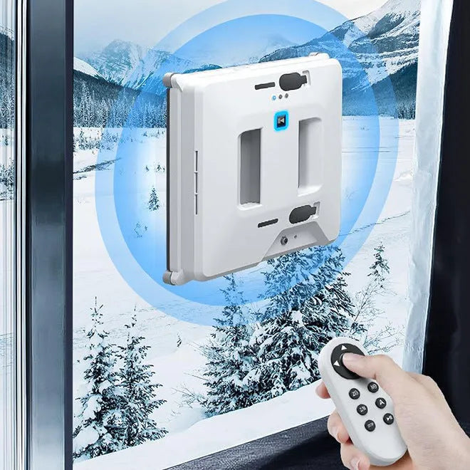 White intelligent small window cleaner robot on smooth indoor glass surface with plastic body