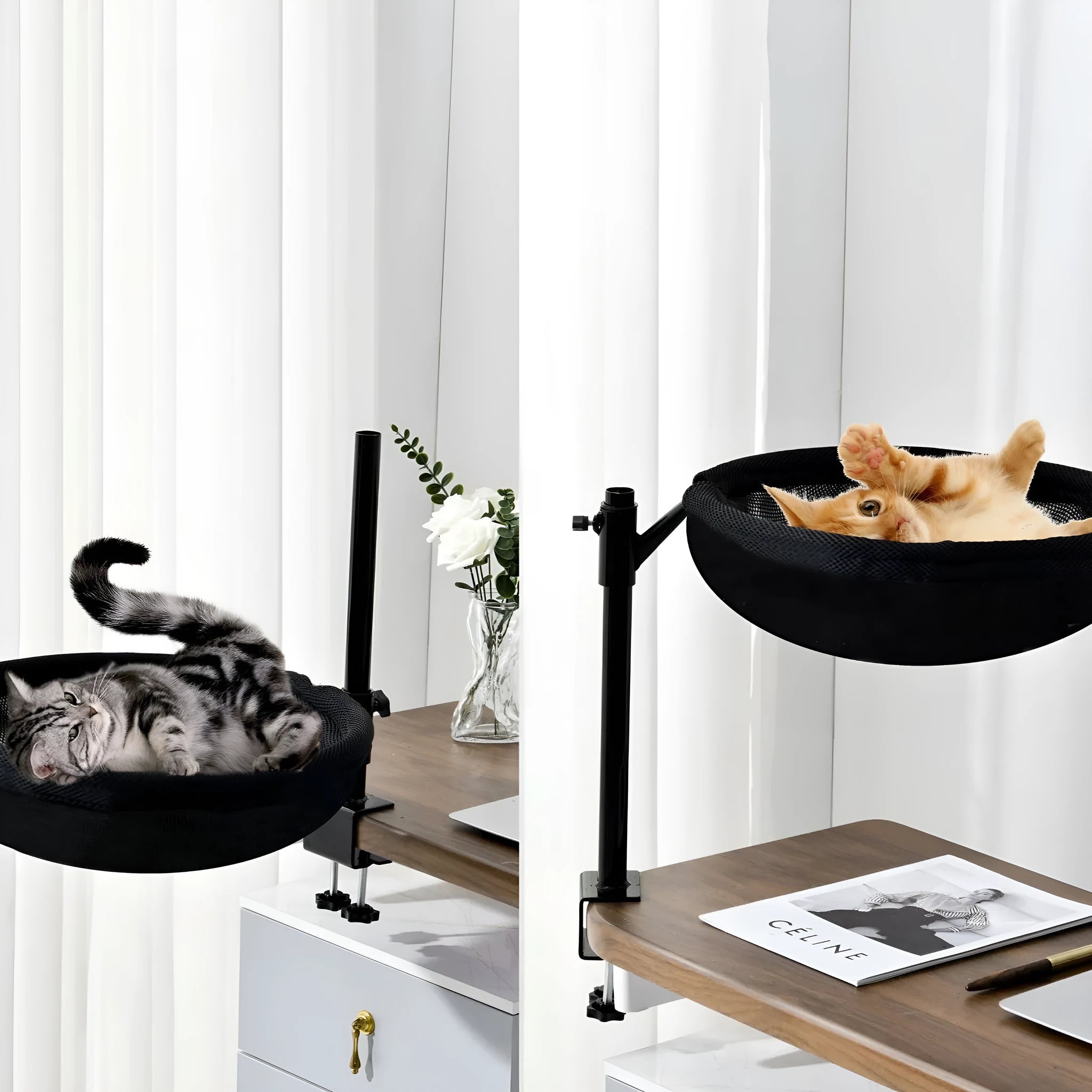 Desktop suspended cat bed with iron frame, black stand, black winter plush nest and summer breathable nest for cats