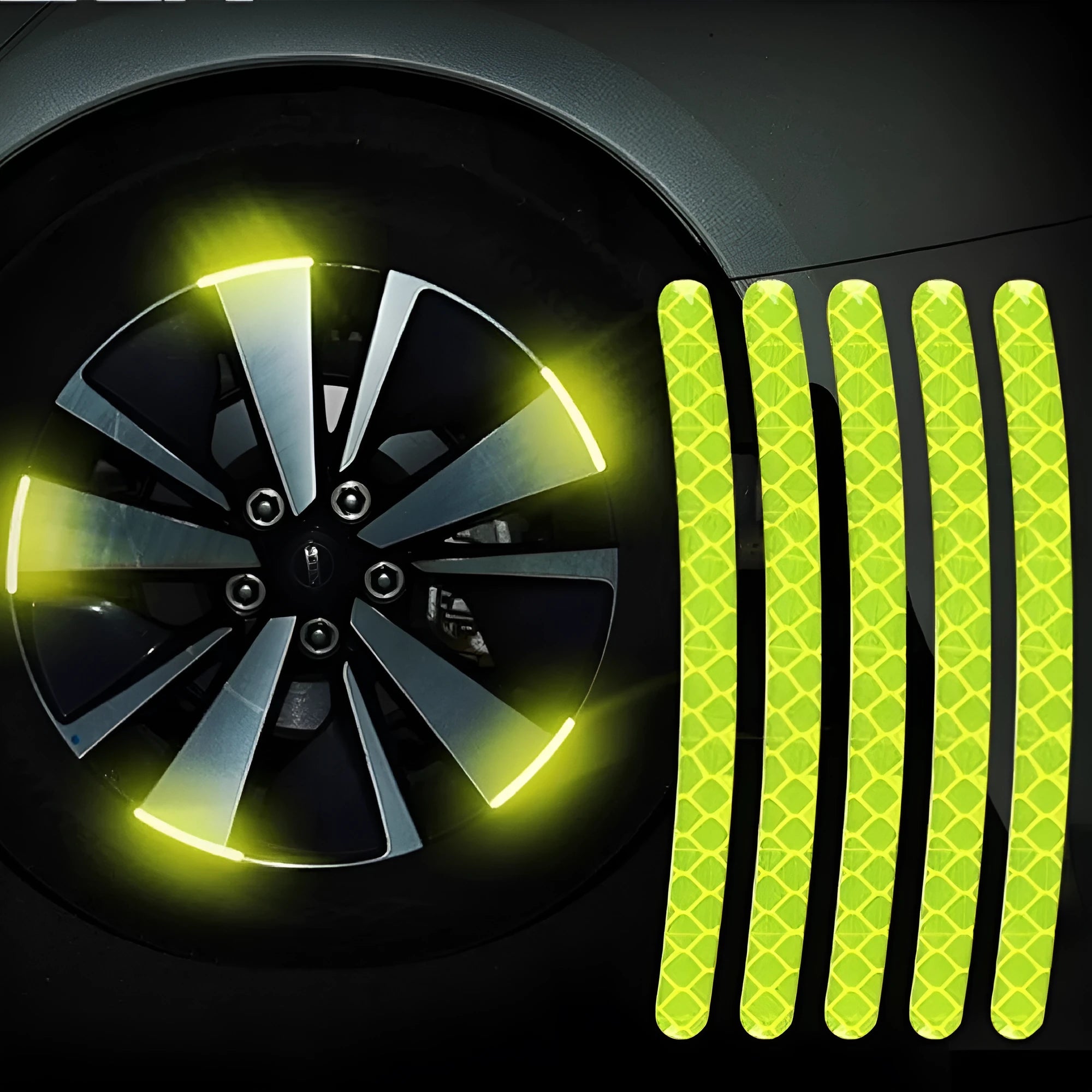 Twenty arc-shaped PVC reflective stickers for car wheel hub application in selected colour