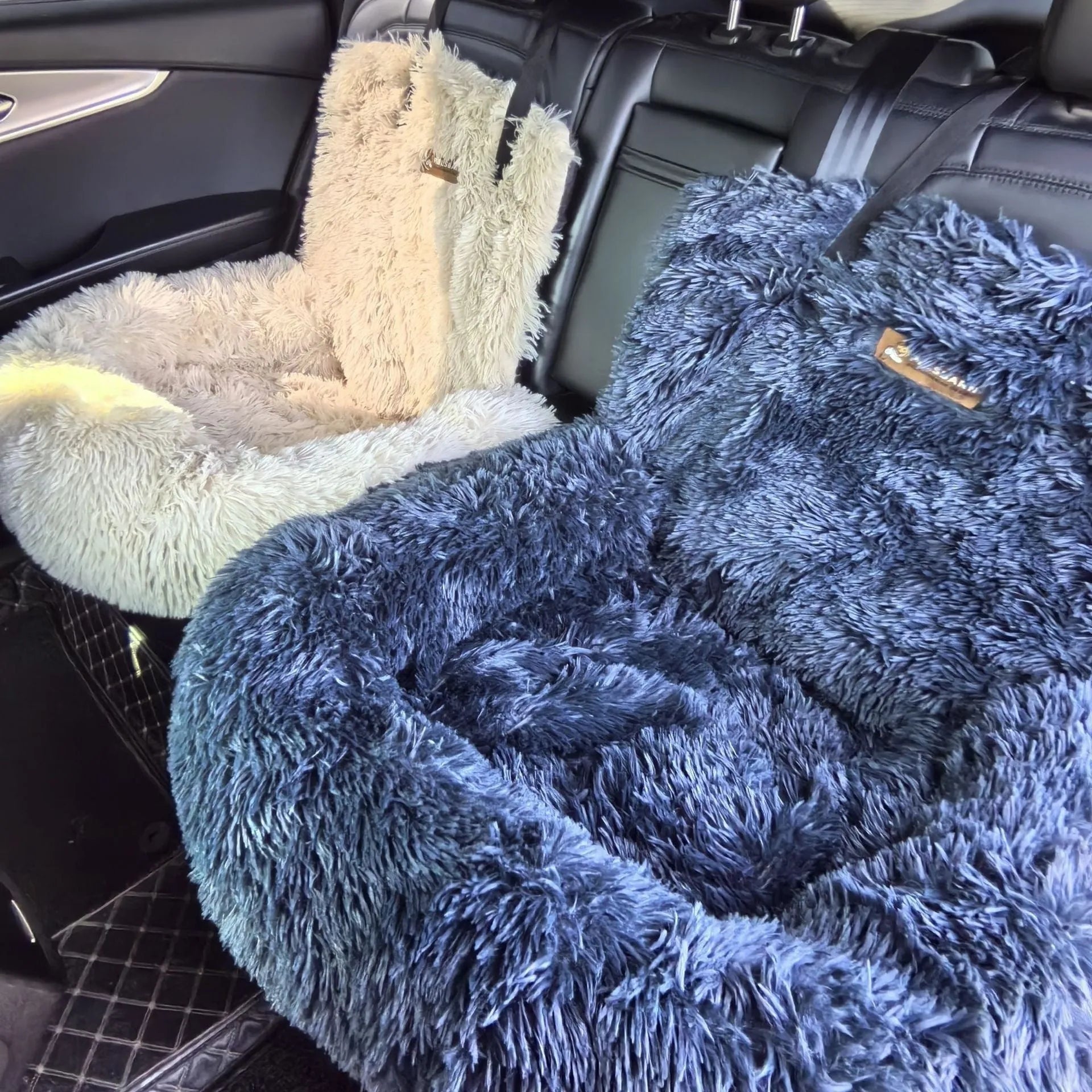 Beige and dark grey winter thermal pet car mats showing raised edge design, in two sizes for vehicle use.