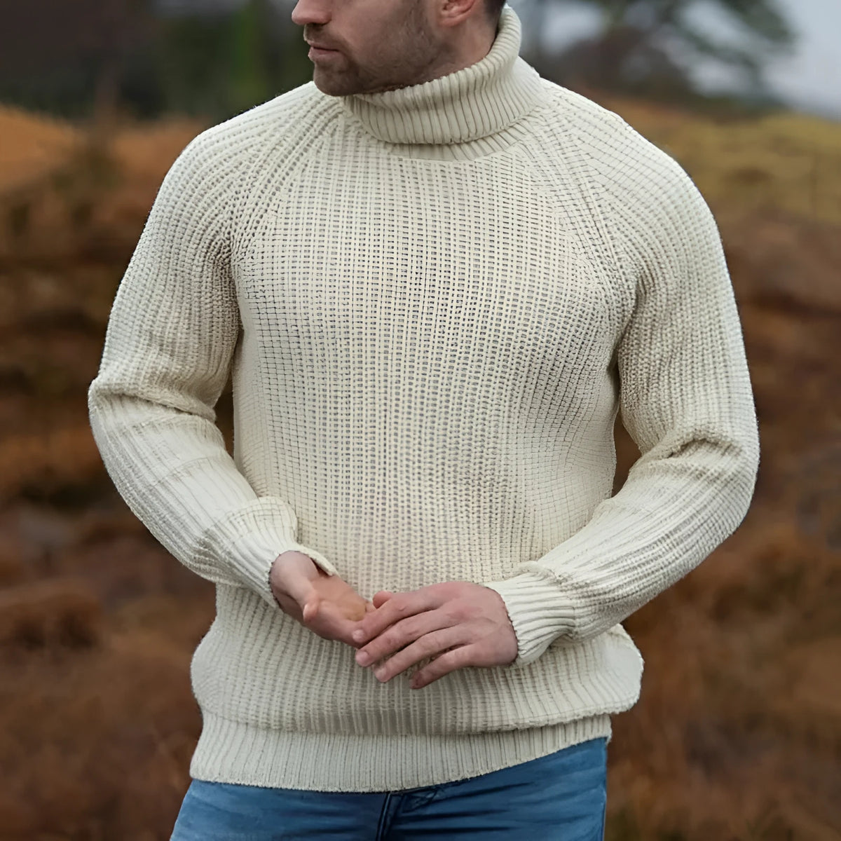 Beige loose fit turtleneck sweater for women, acrylic blend long sleeve pullover, autumn winter casual wear