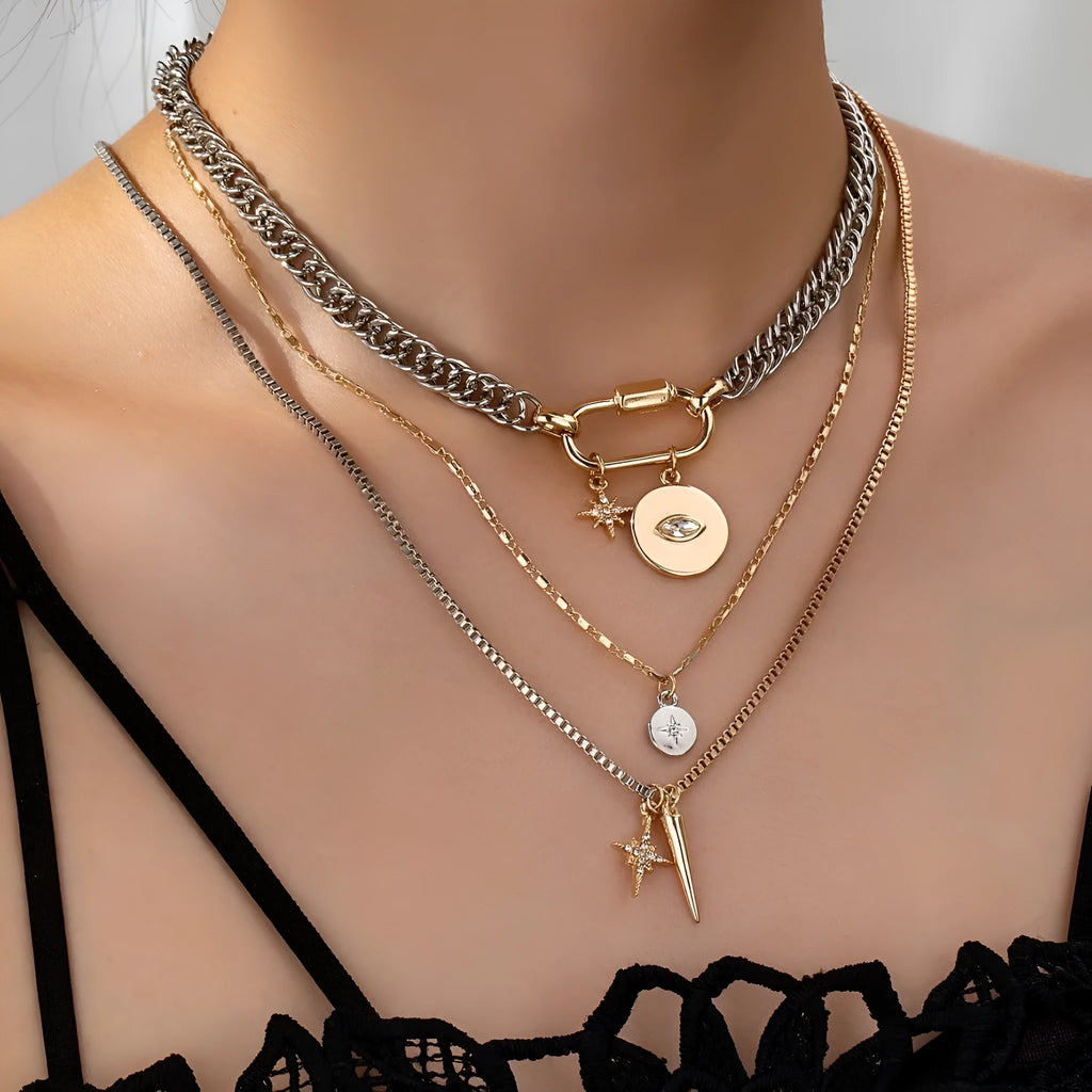 Multi-layer twin necklace for women with alloy electroplated ellipse pendant in clavicle chain style