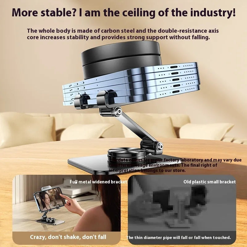 Rotatable folding mobile desktop stand phone holder in black on a desk showing adjustable angle
