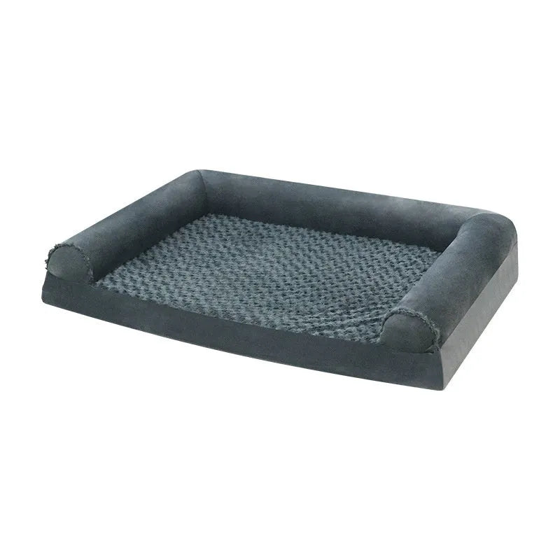 Soft cloth dog kennel in light grey showing low-sided construction suitable for medium to large indoor dogs