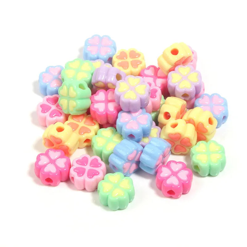 15mm frosted acrylic four-leaf clover beads with love pattern in mixed colours for crafts