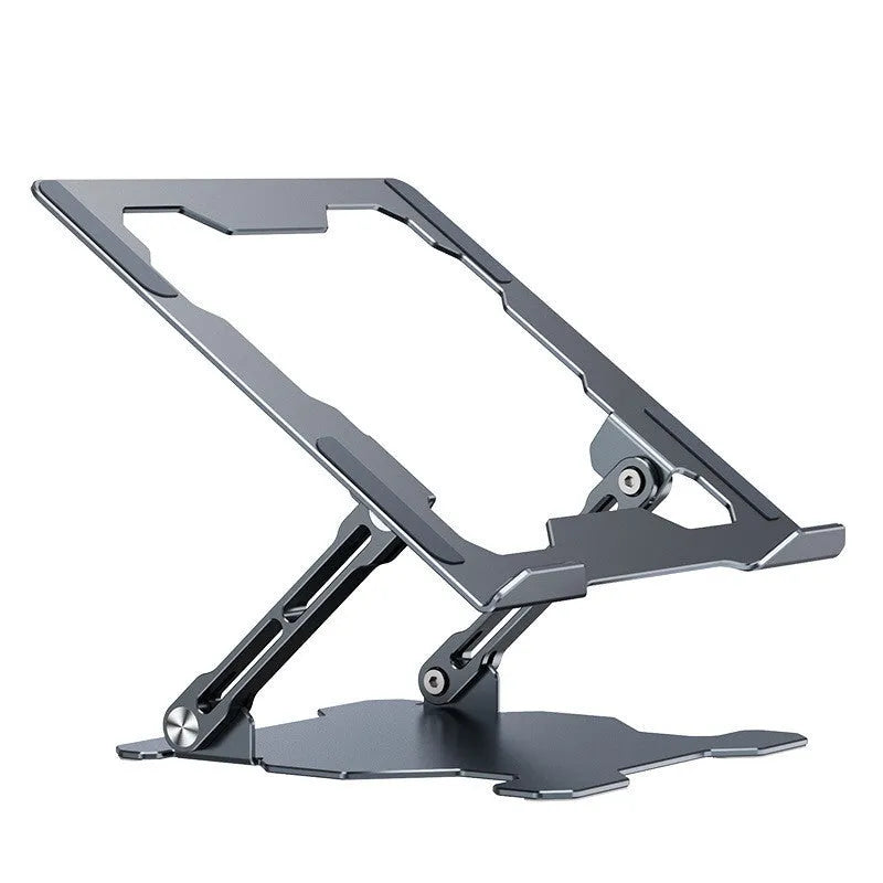 Grey adjustable aluminium laptop stand in open and folded positions on a wooden desk.