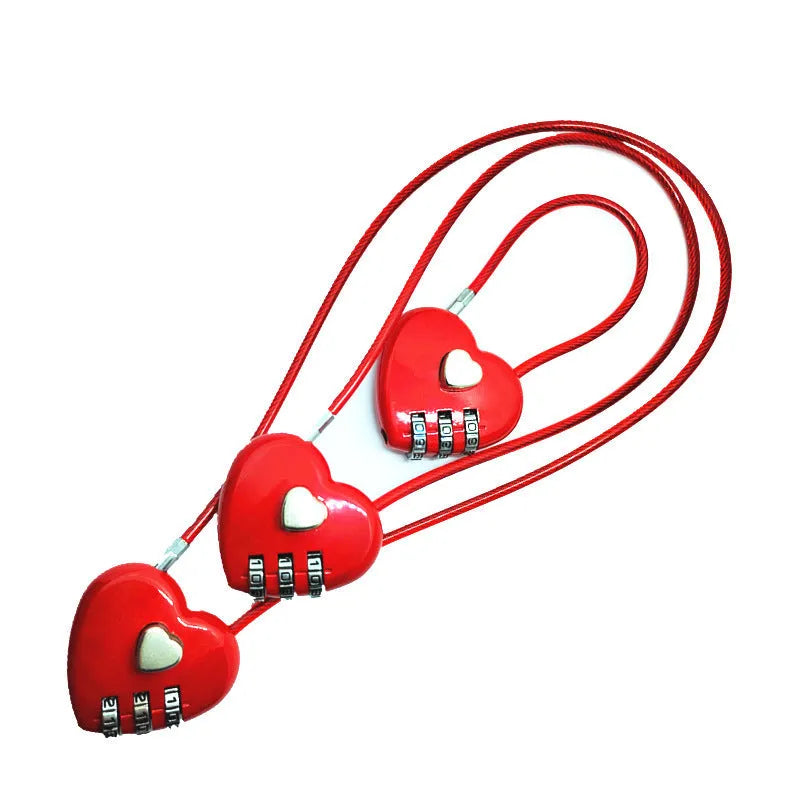 Peach heart shaped ABS plastic cable lock with steel rope, shown in multiple colour options for bicycle helmets.