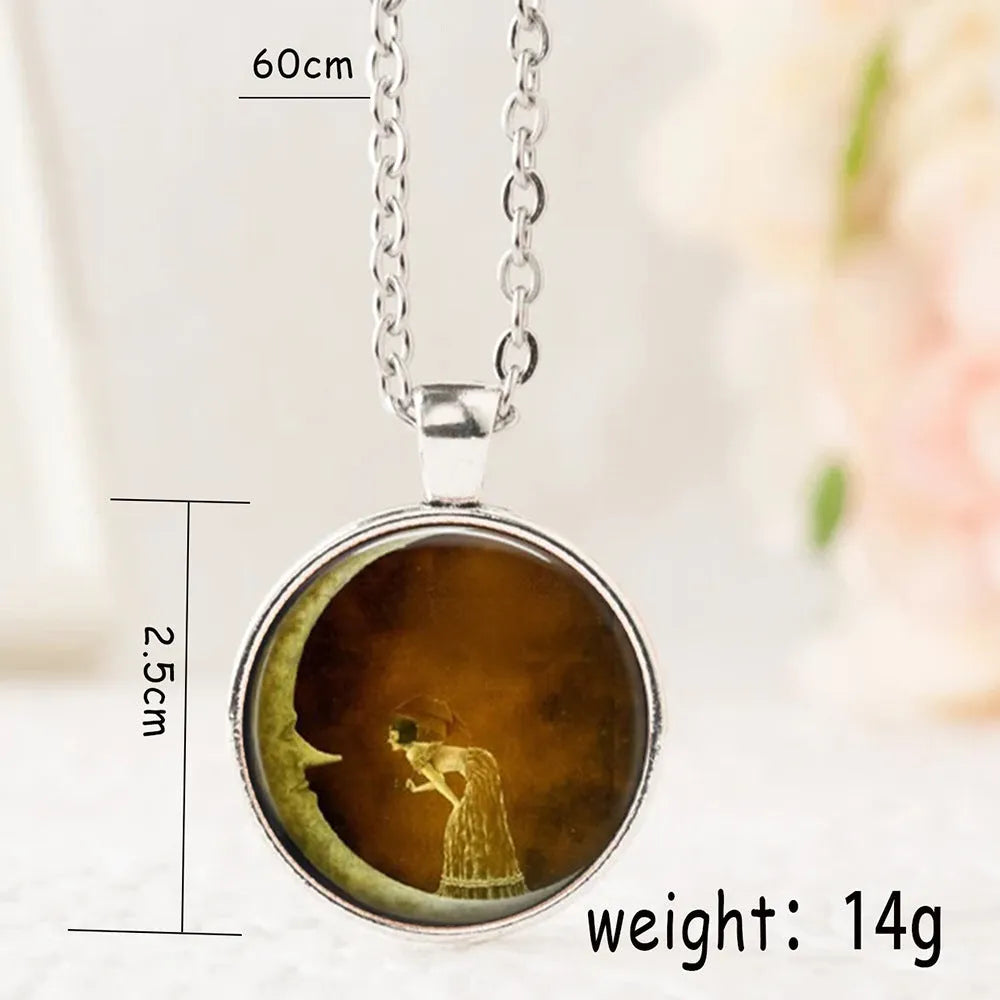 Moon Girl glass pendant necklace with time gem cabochon, alloy cross chain, silver or bronze, 51-60cm perimeter