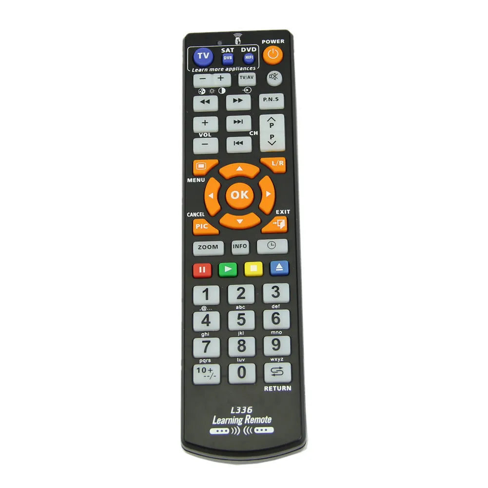 Black L336 full key universal learning remote control on a white background.