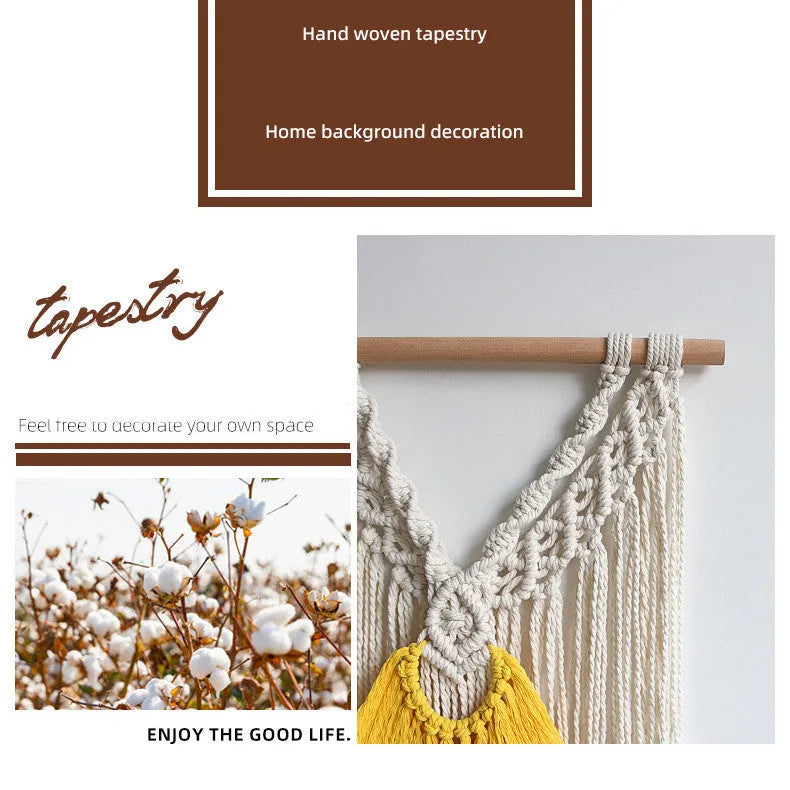 Nordic style hand-woven cotton tapestry wall hanging creamy white with yellow accents 120x95cm