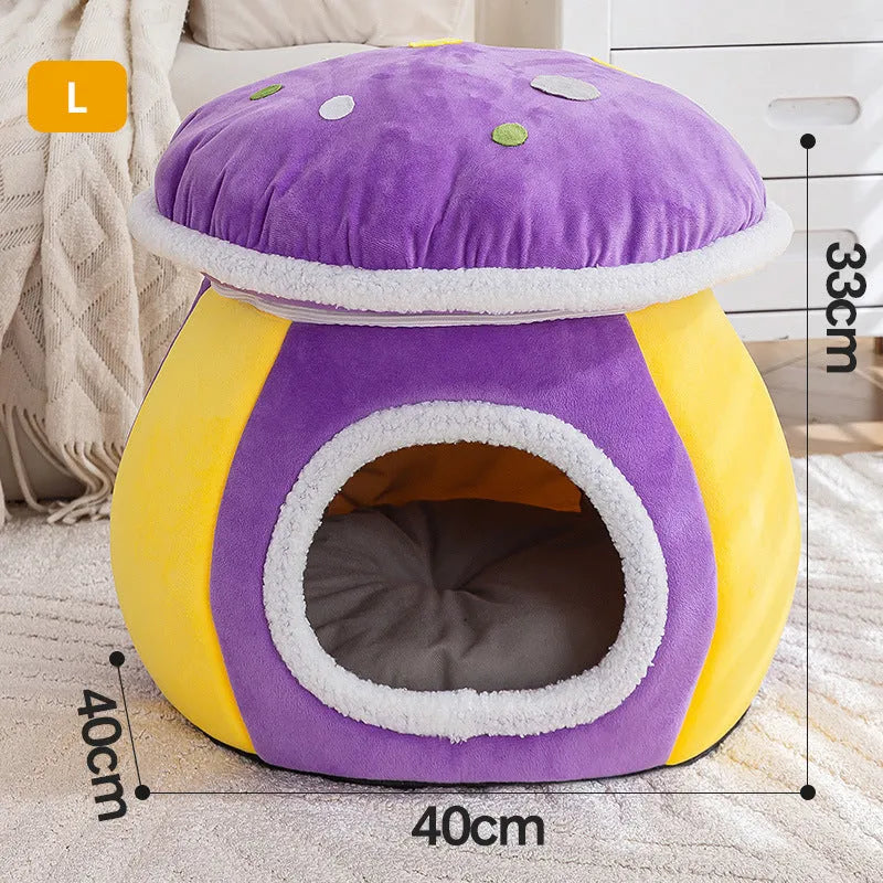 Grey mushroom-shaped plush cat bed on a wooden floor