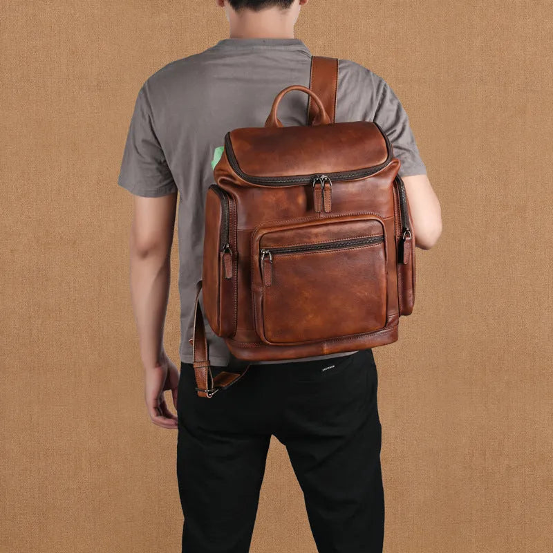 Genuine retro double-layer cowhide backpack for men, light brown, 14-inch size, patchwork style