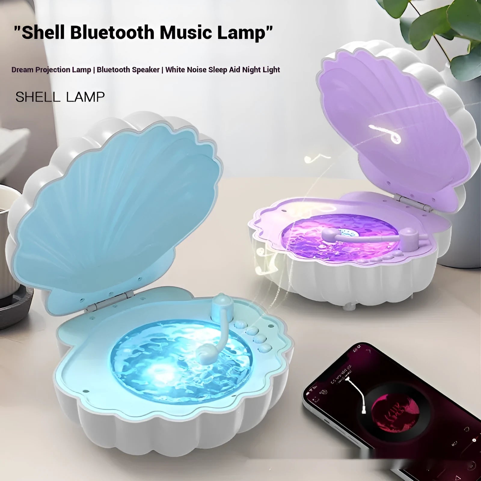 Retro vinyl record player shell lamp with Bluetooth speaker in blue colour on wooden desk
