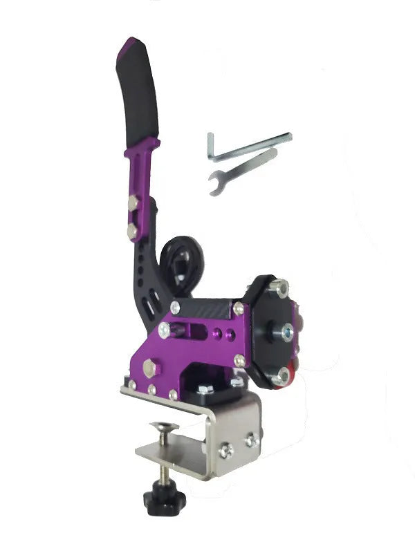 USB PC sim racing handbrake with linear lever and adjustable mounting clamp in multiple colours.