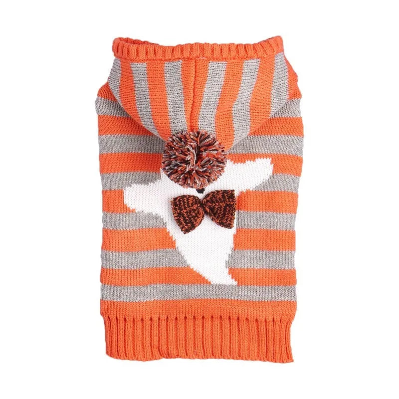 Orange and black striped knitted hooded sweater for dogs or cats with fur ball details.
