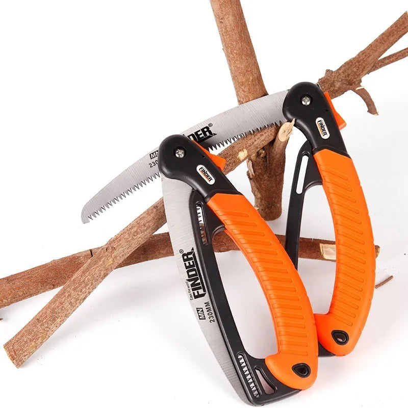 230mm folding pruning saw with TPR handle extended for cutting, showing 65MN steel blade with 32 teeth