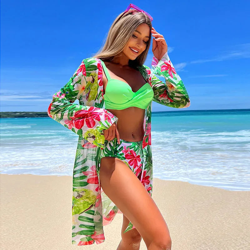 Women's printed nylon three-piece swimsuit set with top, pants, and coat in blue, green, and rose red