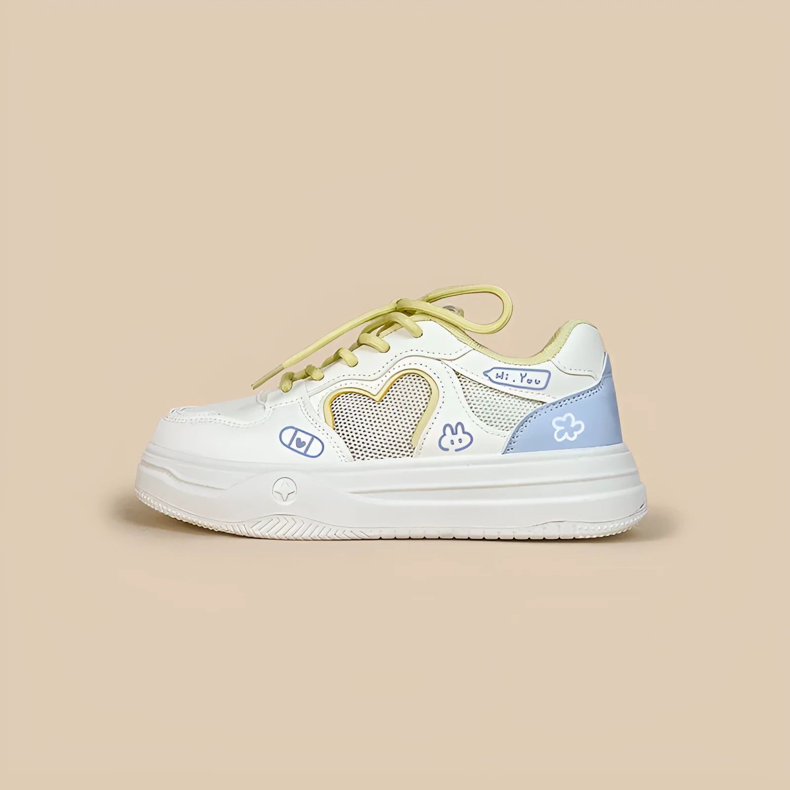 Meow Rabbit Sea Salt Cheese coloured mesh casual sneakers with thick rubber sole and lace-up closure.