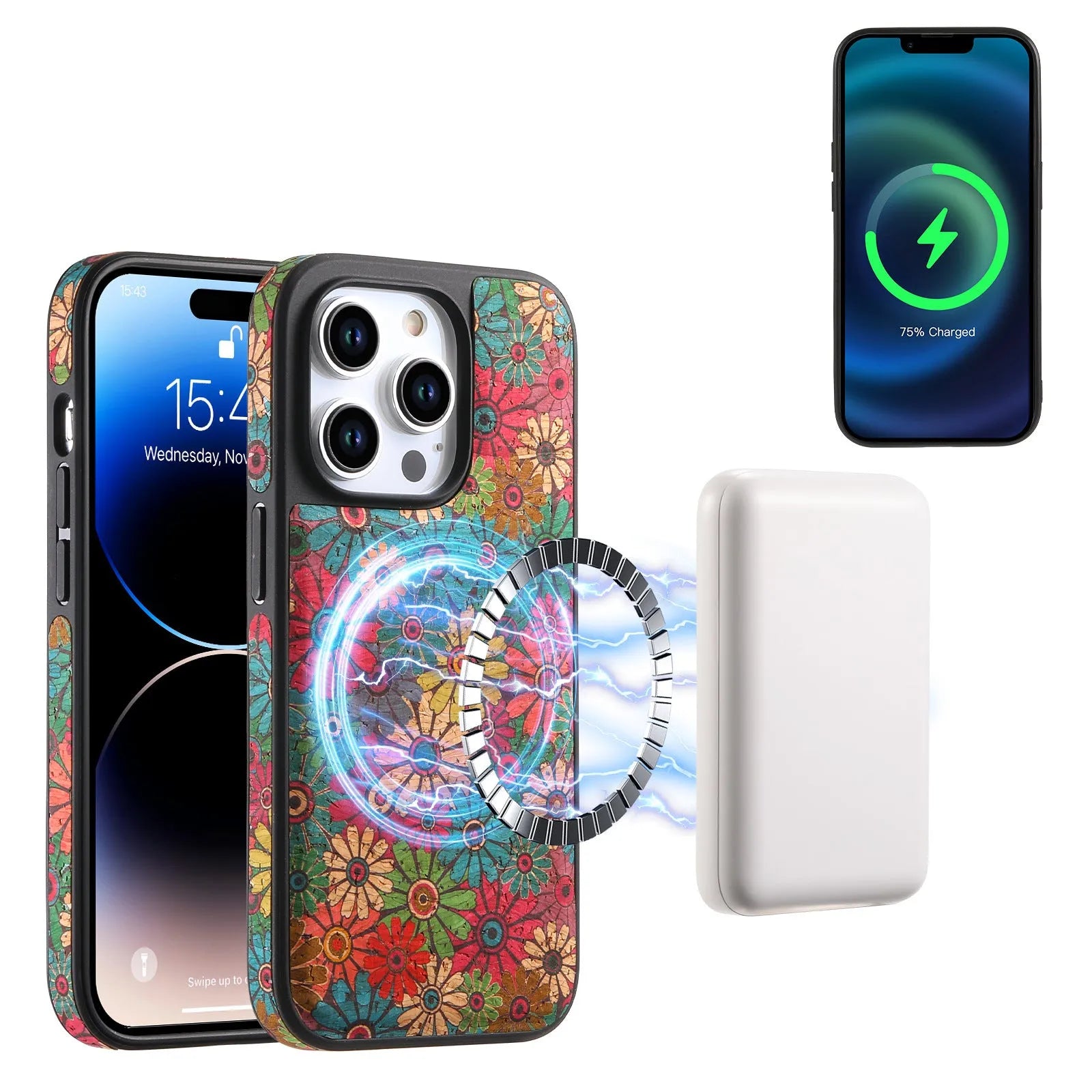 Cork phone case with magnetic suction and bracket for iPhone 17, red colour, three-dimensional floral design