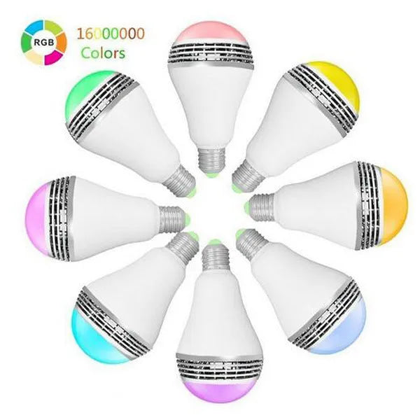 Smart LED light bulb with Bluetooth speaker functionality showing E27 base and polycarbonate housing