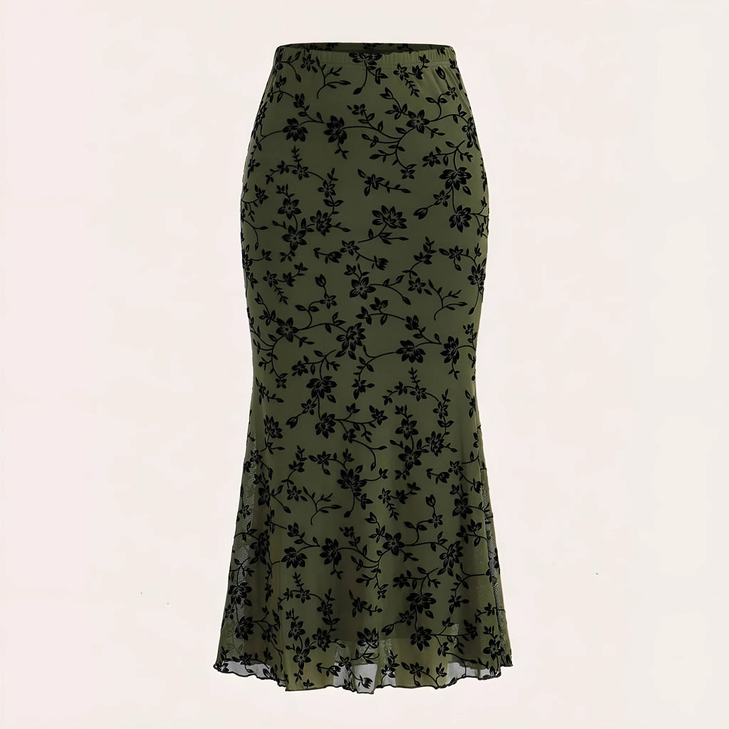 Dark green floral half-length fishtail skirt for women with medium elastic waist and polyester fabric