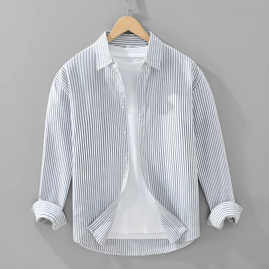 Men's loose long-sleeved pure cotton shirt in grey stripes or blue and white stripes, cardigan style, sizes M to 3XL