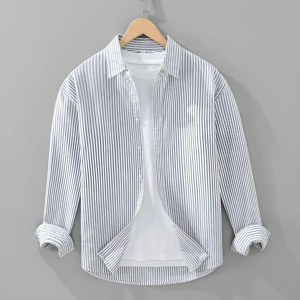 Men's loose long-sleeved pure cotton shirt in grey stripes or blue and white stripes, cardigan style, sizes M to 3XL