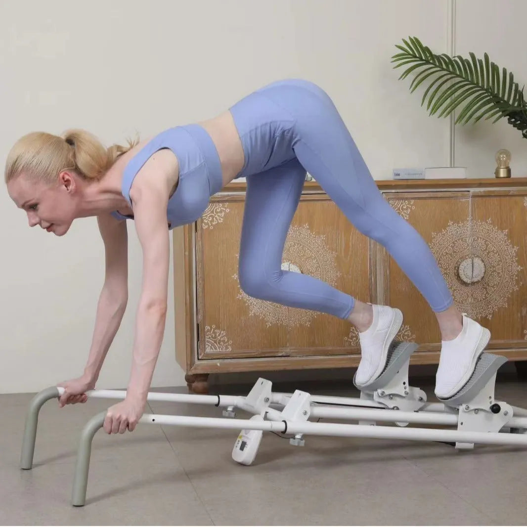 White foldable home treadmill with climbing frame functionality in folded position