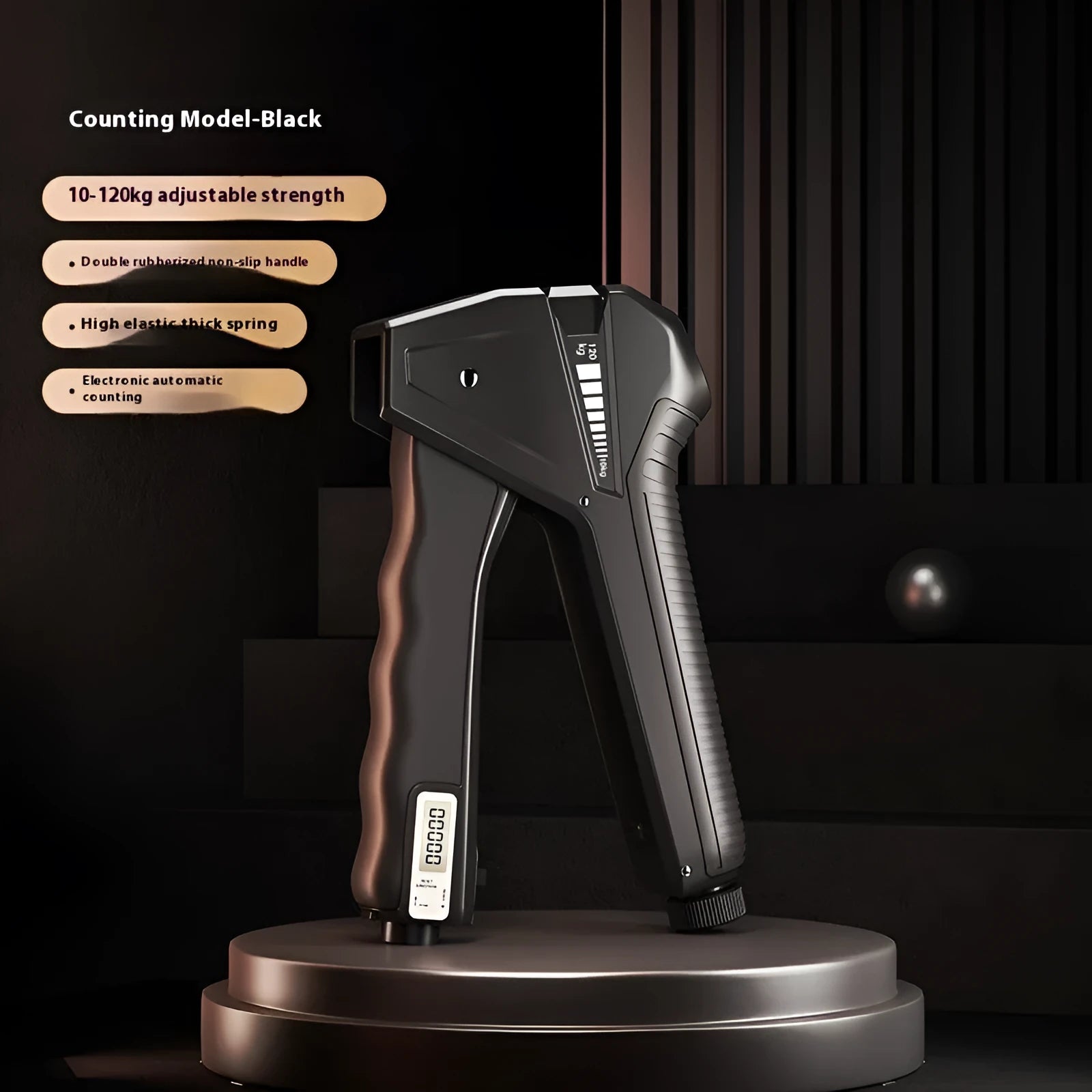 Adjustable hand gripper strength trainer with mechanical counter showing 5-60kg resistance range