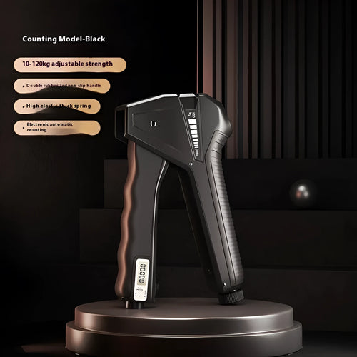 Adjustable hand gripper strength trainer with mechanical counter showing 5-60kg resistance range