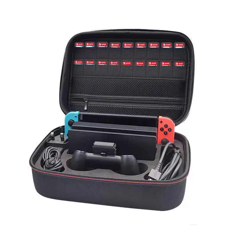Black EVA game console storage bag showing two size options for organising controllers and accessories