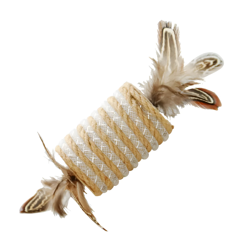 Beige interactive cat feather wand toy with hemp rope scratching surface and a catnip ball.