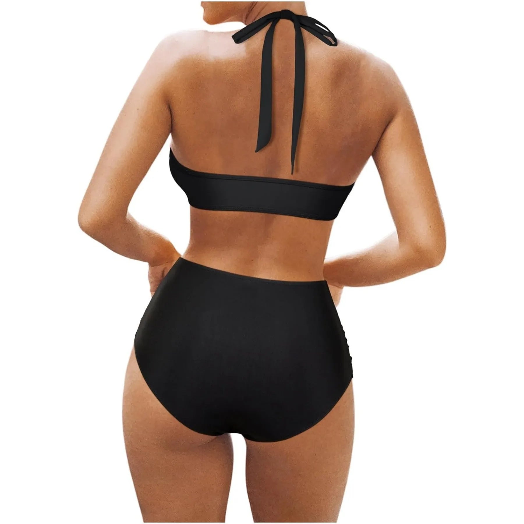 Women's black, red and leopard print two-piece bikini swimsuit set on a white background.