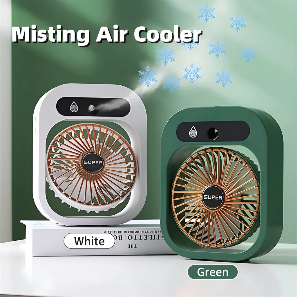 Green and white portable USB misting fan with water tank and adjustable air vent on a desk.