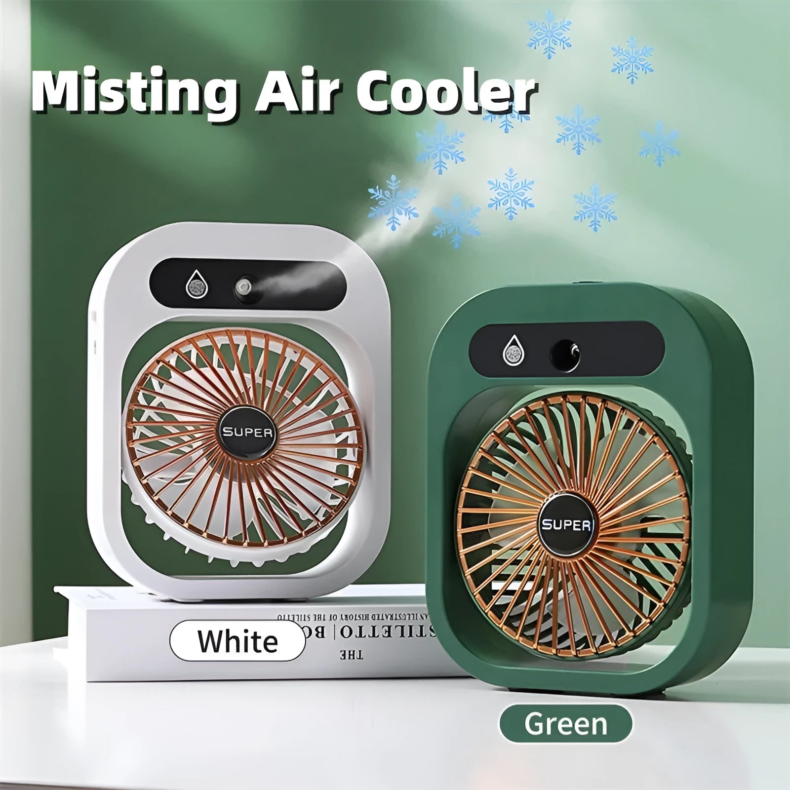 Green and white portable USB misting fan with water tank and adjustable air vent on a desk.