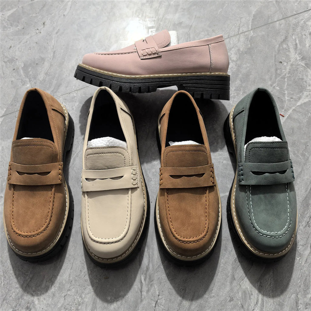 Leather plus size casual women's shoes in beige with platform mid heel, low-top round-toe design, and decorative stitching on PU upper