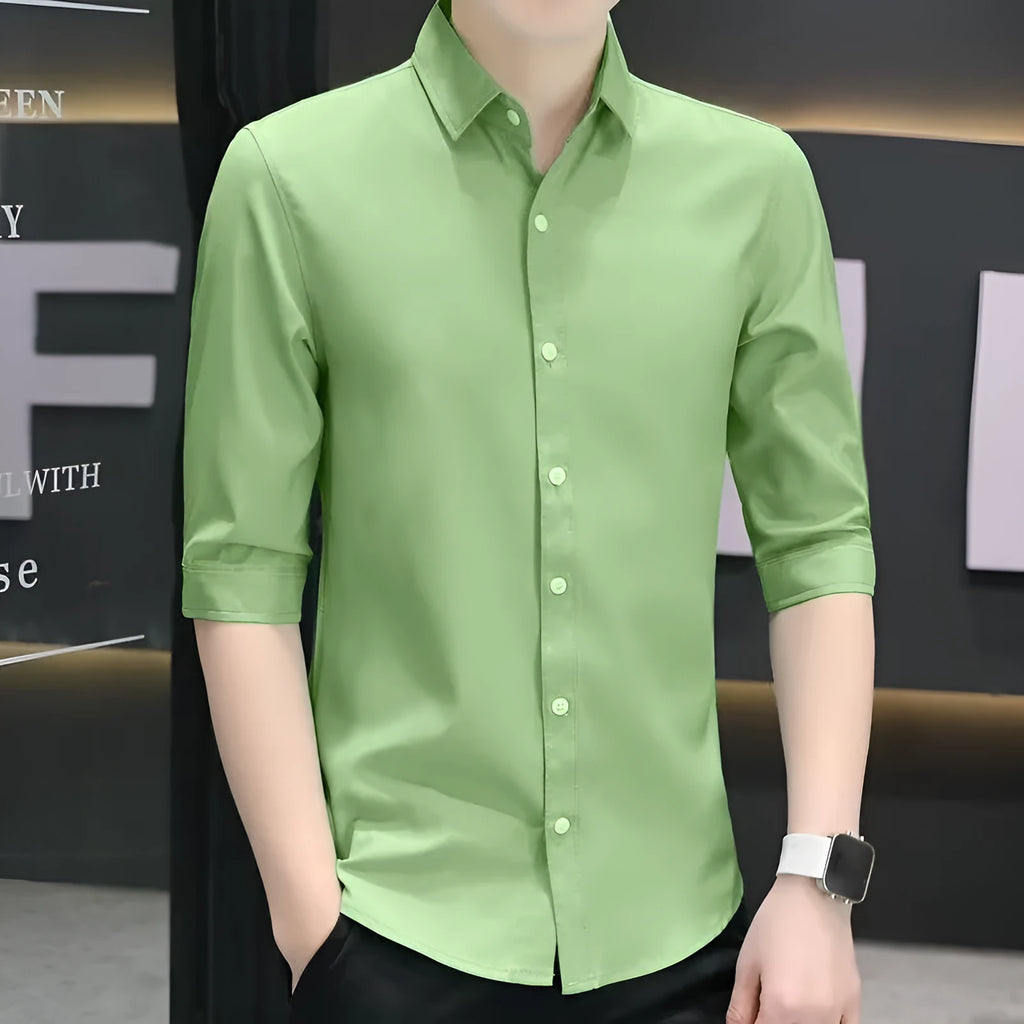 Men's slim-fit half-sleeve shirt in linen and silk blend, shown in a solid colour with a non-iron finish.