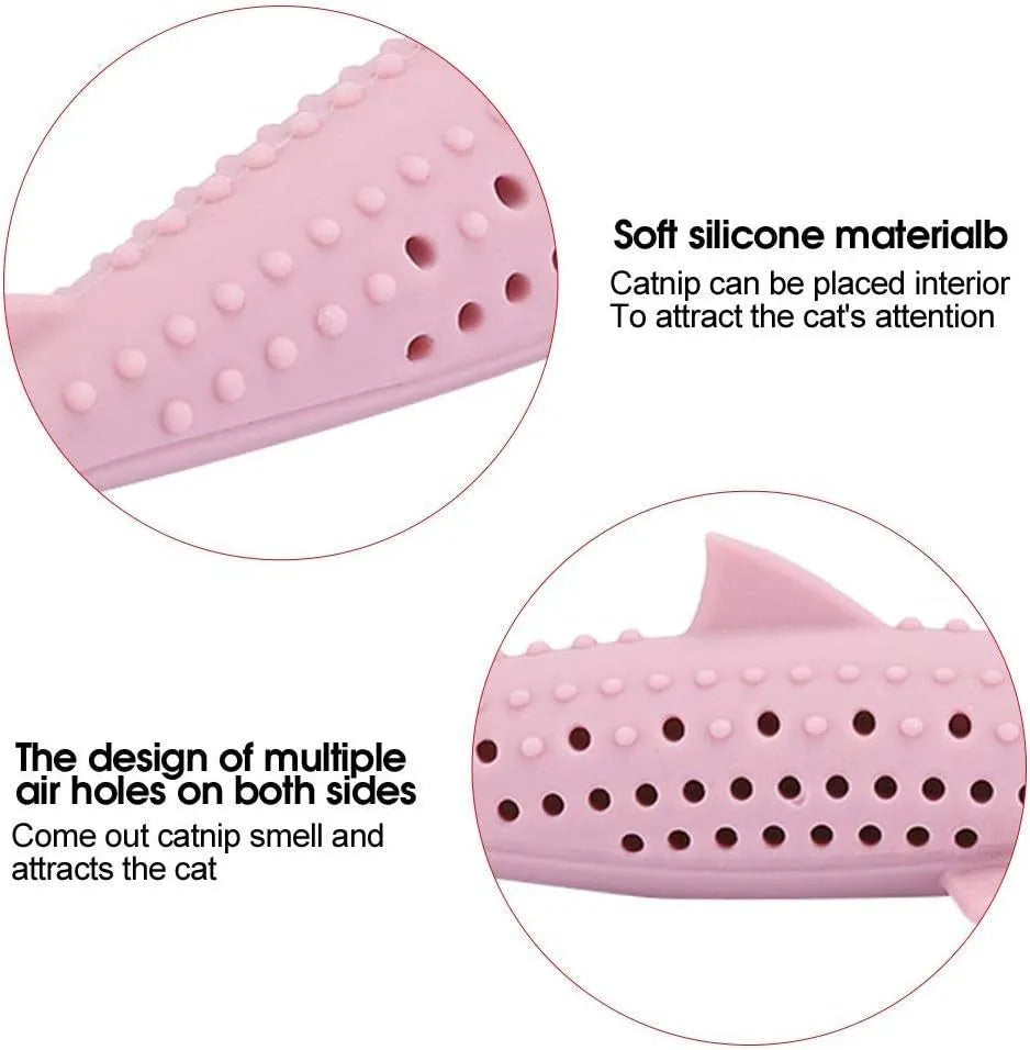 Green silicone fish-shaped chew toy for cats on a white background.