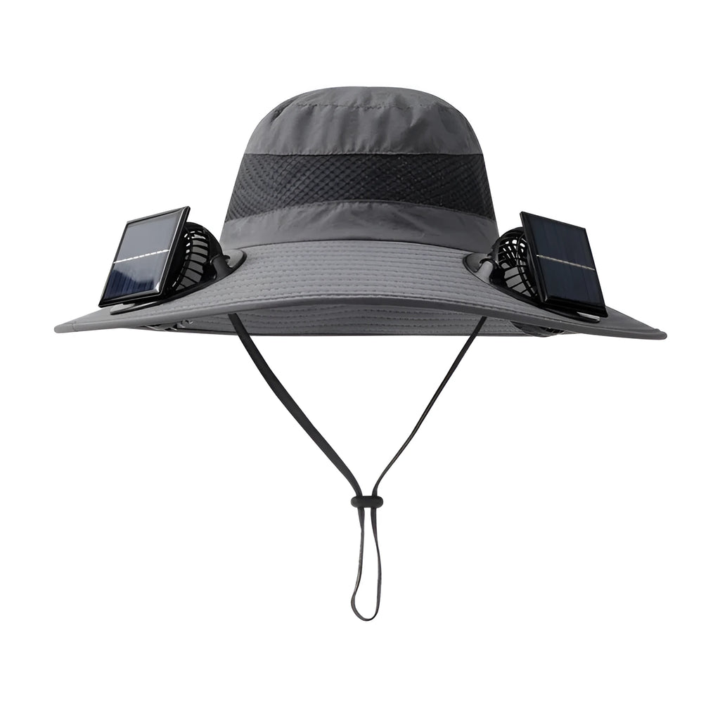 Solar-powered fan hat with adjustable brim and built-in cooling fan for outdoor use