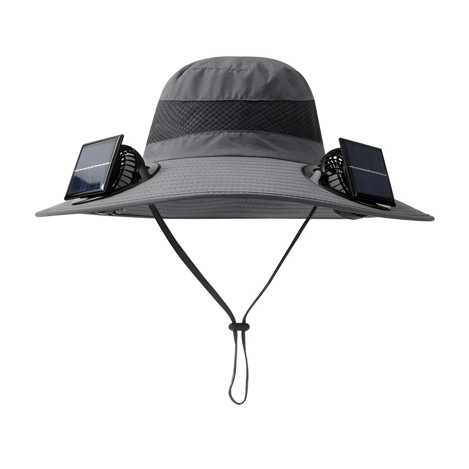 Solar-powered fan hat with adjustable brim and built-in cooling fan for outdoor use