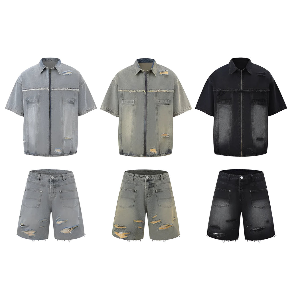 Denim overall suit set with short sleeve top and trousers in street fashion style