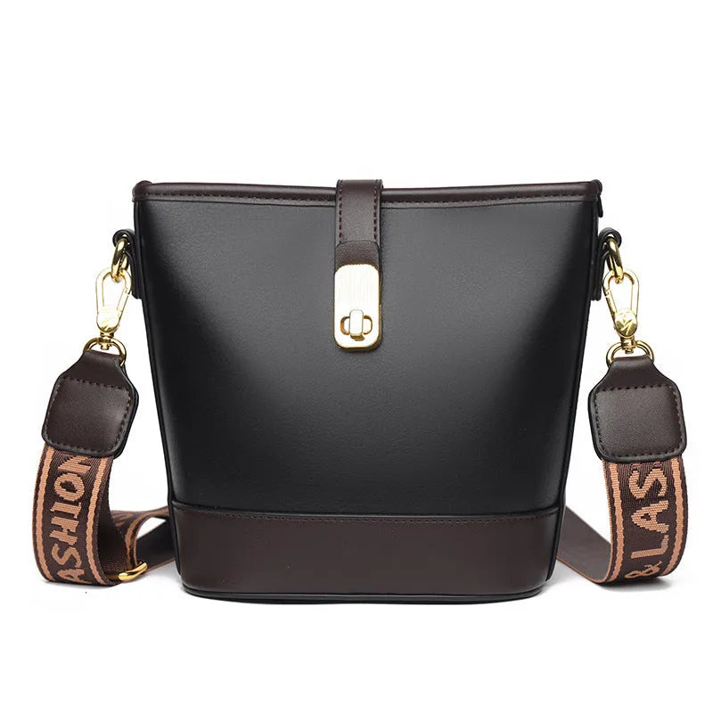Korean-style soft PU bucket shoulder messenger bag in black colour with double straps and organised interior
