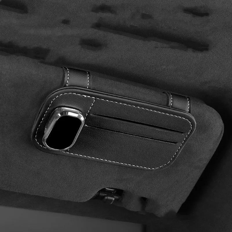Cowhide leather automotive sun louver card holder with sunglasses clip in multiple colour options