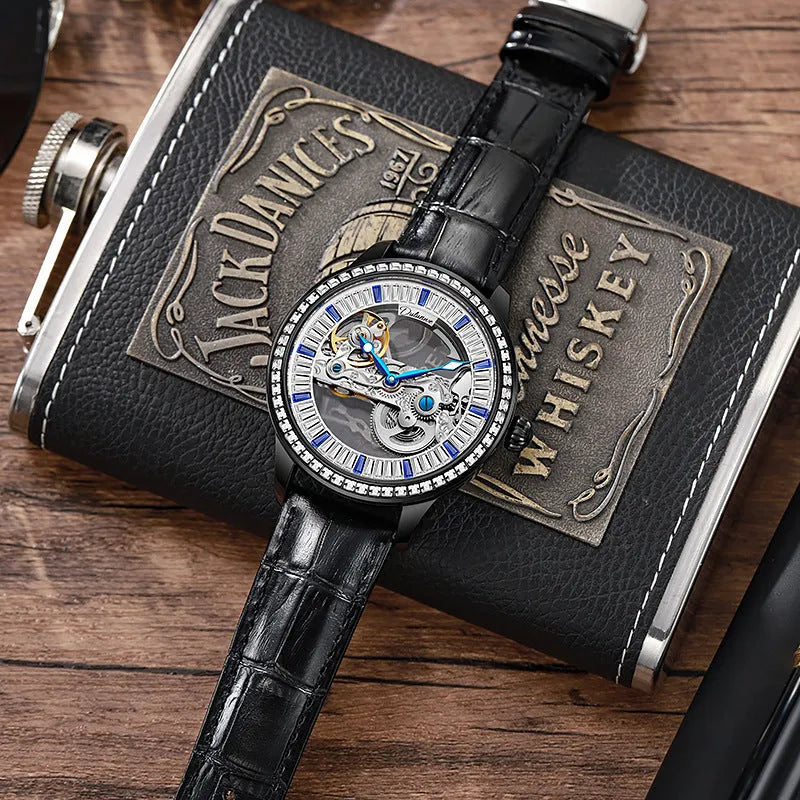 Men's luxury mechanical watch with waterproof feature showing choice of leather and steel straps in three colours