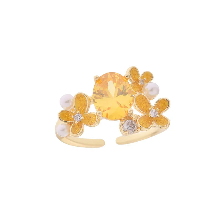 Women's open ring with flower pearl zircon design in yellow or light purple colour