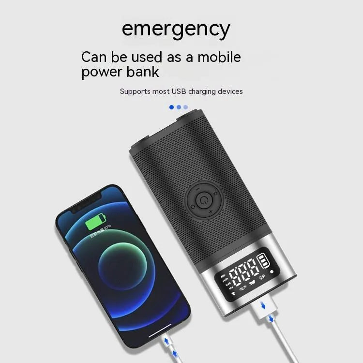 Black portable wireless air pump with 15cm tube, multiple nozzles, and storage bag