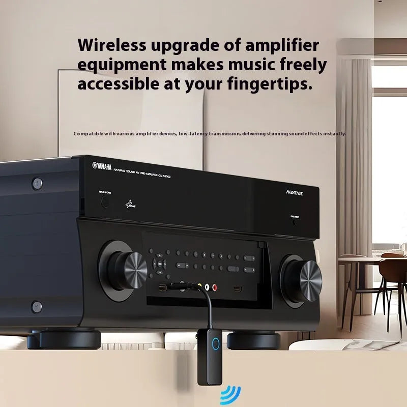 Black Bluetooth 5.4 audio adapter with flexible 3.5mm plug for wireless streaming.