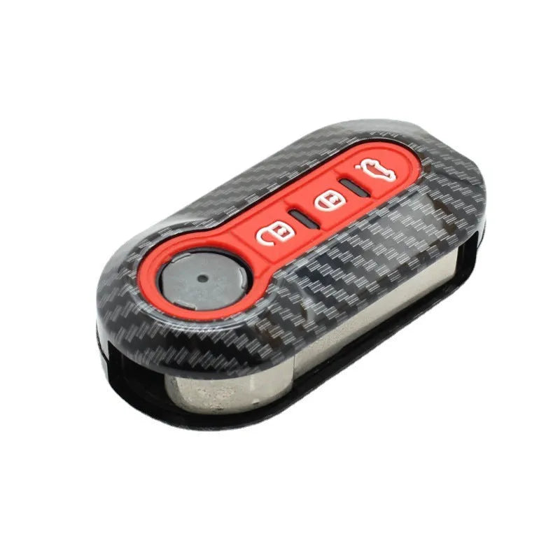 Fiat 500 FYT model car remote key replacement shell in ABS plastic, shown in black, red, and dark blue colour options.