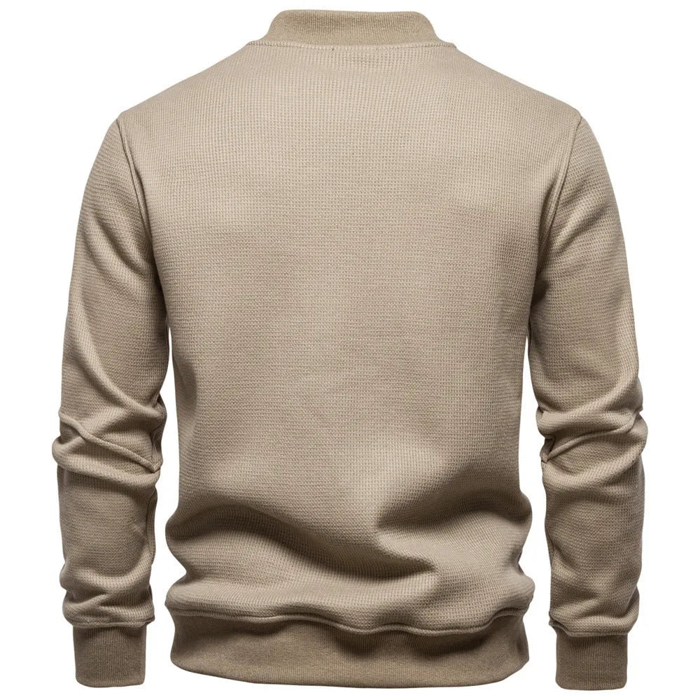 Men's fleece-lined round neck sweatshirt in navy blue, long sleeve, ribbed cuffs, cotton polyester, casual spring autumn top