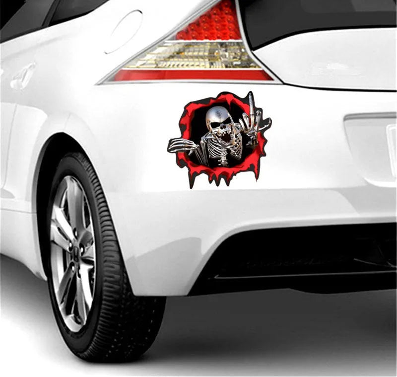 Colourful broken shell pattern reflective car sticker with metal skull design measuring 15cm by 14cm